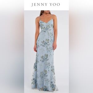 Jenny Yoo Light Blue Floral Embroidered Spaghetti Strap Dress (Hemmed)